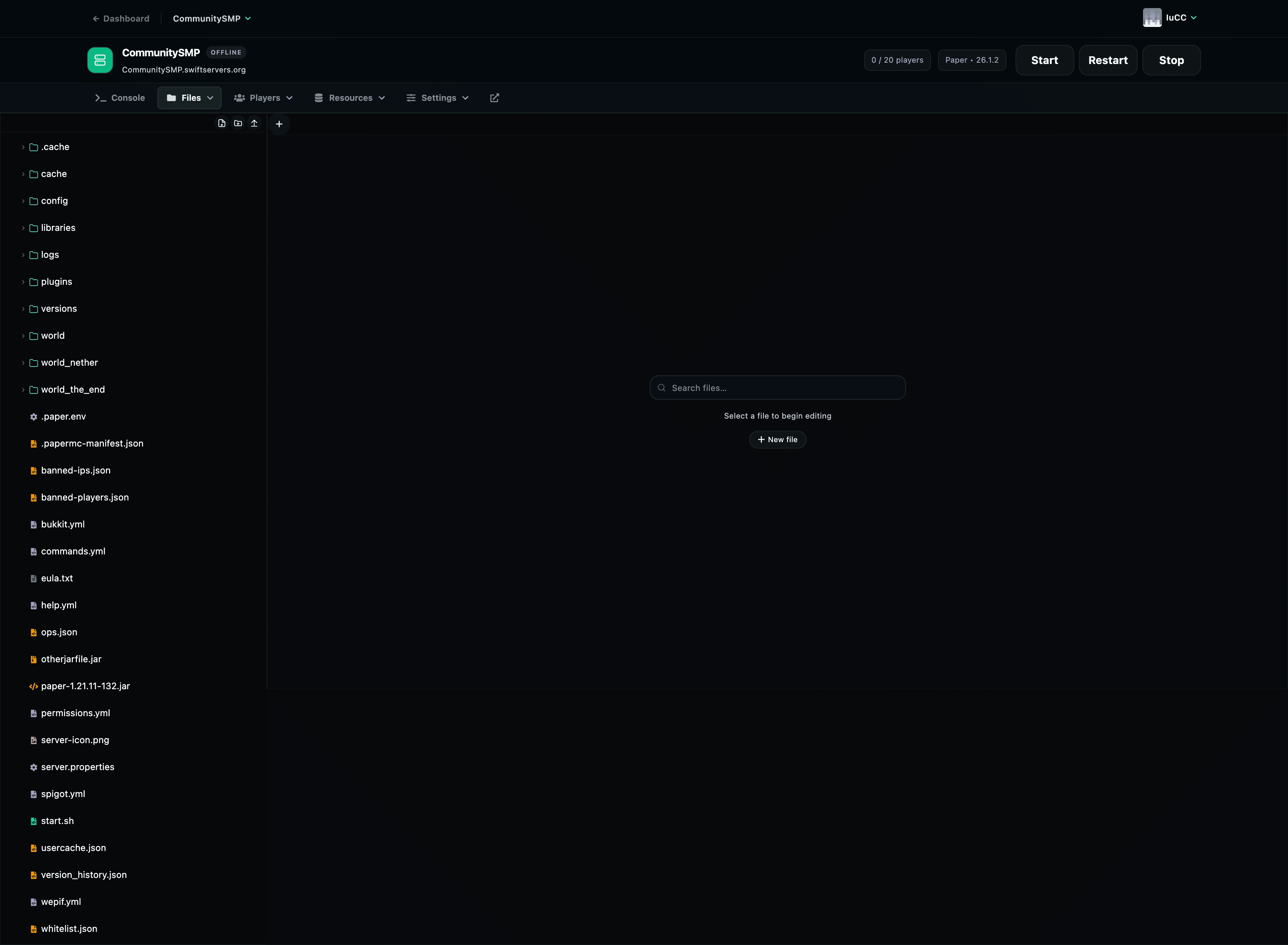 SwiftServers file manager showing server folders and configuration files